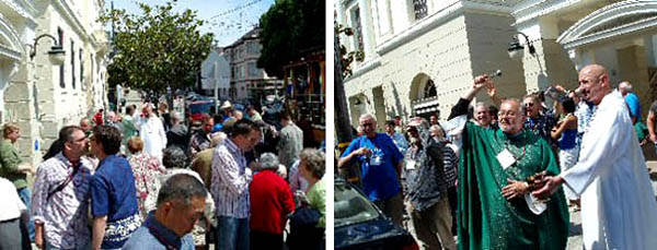 Homosexuals kissing outside of Most Holy Redeemer parish, San Francisco